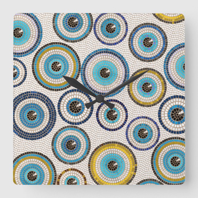 Evil Eye Mosaic Tile Pattern Quadratische Wanduhr (Vorderseite)