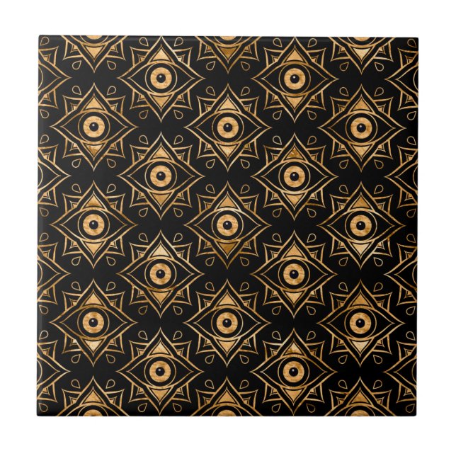 Evil Eye Ornament Pattern - Schwarz und Gold Fliese (Vorderseite)