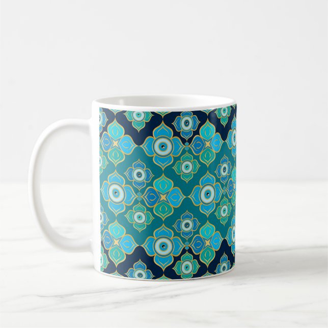 Evil Eye Pattern - Blue Teal and gold Kaffeetasse (Links)