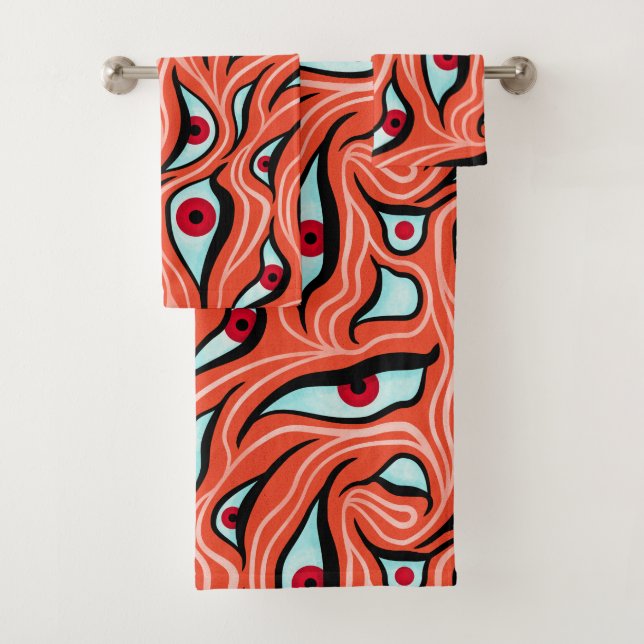 Evil Eyes Pattern - Abstrakte rote Augen auf Orang Badhandtuch Set (Insitu)