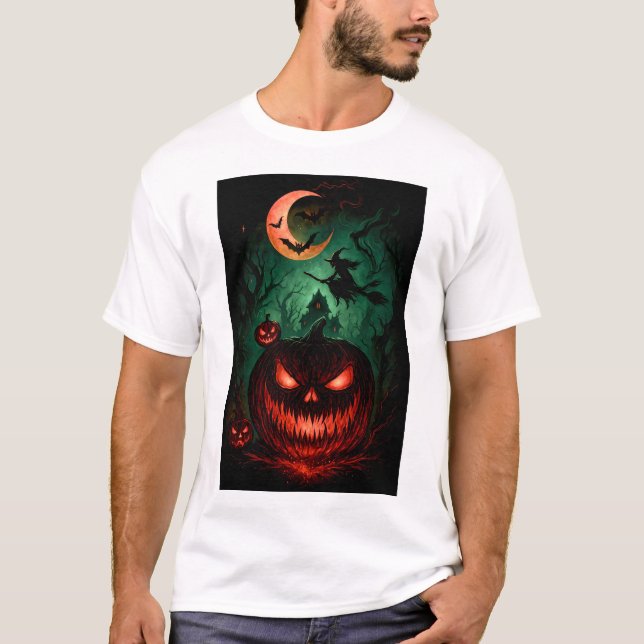 Evil Pumpkin Under Blood Moon | Witch Flying Hallo T-Shirt (Vorderseite)