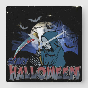 Evil Skeleton in Scary Dark Night Halloween Quadratische Wanduhr