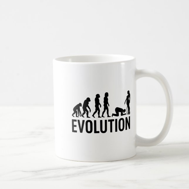 Evolution des Menschen - Funny Man kniet vor einem Kaffeetasse (Rechts)