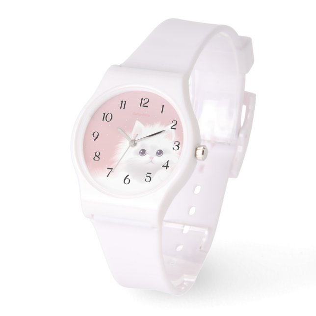 eWatch - Sweet White Fluffy Kitty on Pink Armbanduhr (Winkel)