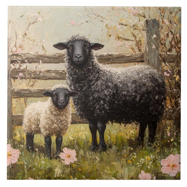 Ewe and Lamb Spring Sheep Art Fliese (Vorderseite)
