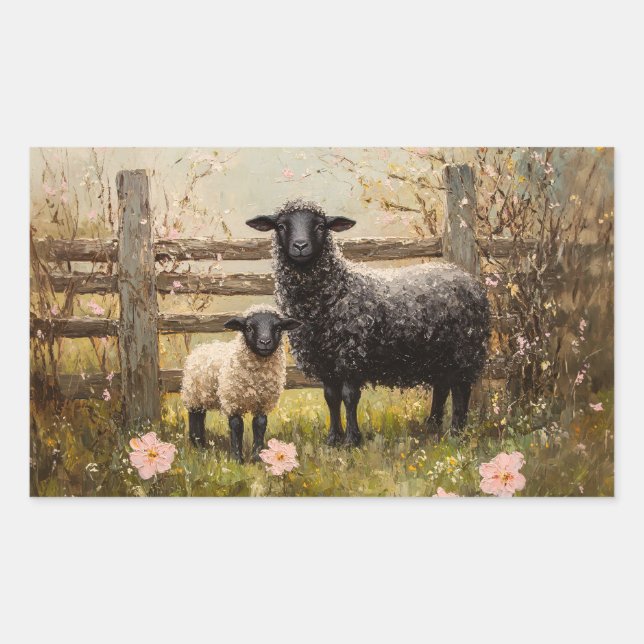 Ewe and Lamb Spring Sheep Art Rechteckiger Aufkleber (Vorderseite)