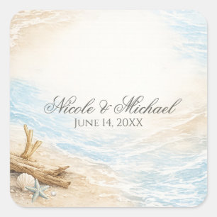 Ewige Gezeiten Küsten-Aquarell-Strandhochzeit Quadratischer Aufkleber