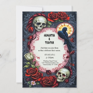 Ewige Krähe und Totenköpfe Gothic Vintage Hochzeit Einladung