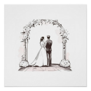Ewige Skizze Hochzeitspaar Blumenbogen Foto Poster