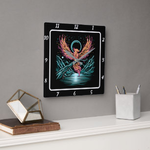 Ewiger Phoenix über Fernspitzen Quadratische Wanduhr