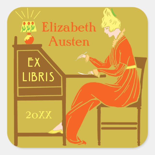 Ex Libris Buchzeichen Deko Lady Schreibtisch Custo Quadratischer Aufkleber (Vorderseite)
