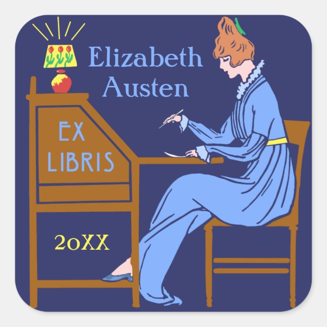 Ex Libris Buchzeichen Deko Lady Schreibtisch Custo Quadratischer Aufkleber (Vorderseite)