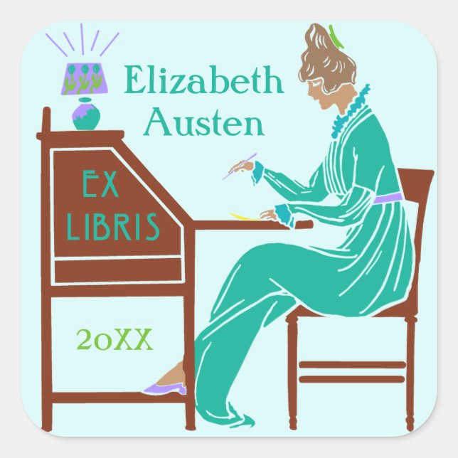 Ex Libris Buchzeichen Deko Lady Schreibtisch Custo Quadratischer Aufkleber (Vorderseite)