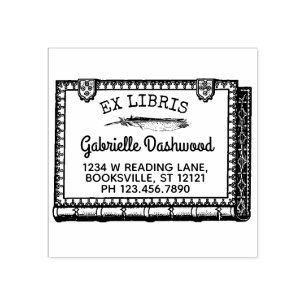 Ex Libris Buchzeichen Vintag Book and Feather Name Gummistempel