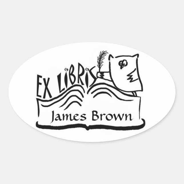 Ex Libris Eule mit Buchaufklebern Ovaler Aufkleber (Vorderseite)