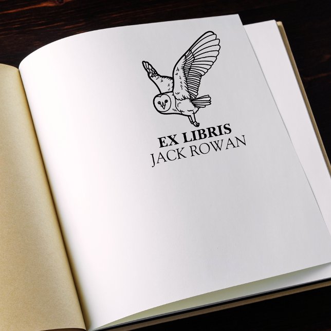Ex Libris Fliegende Scheuneule Buchbesitzername Gummistempel (ex libris flying barn owl)