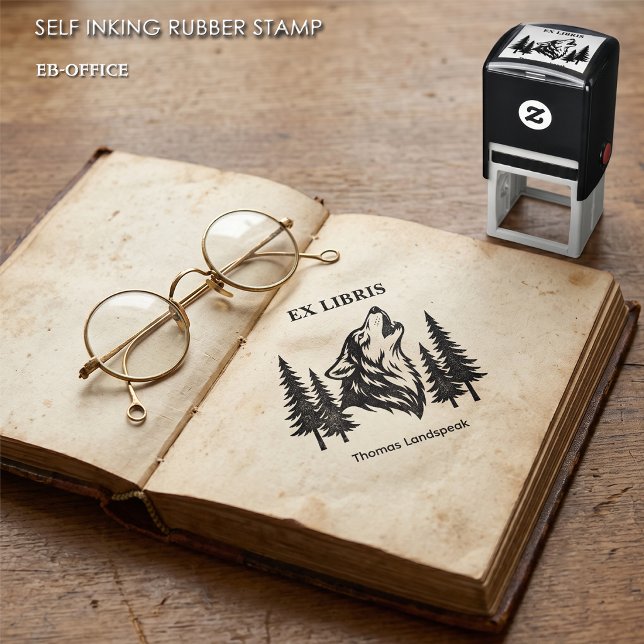 Ex Libris Heulender Wolf im Wald Benutzerdefiniert Permastempel (Self-inking Wolf Stamp (1.5"x1.5"). Choose your ink color. )