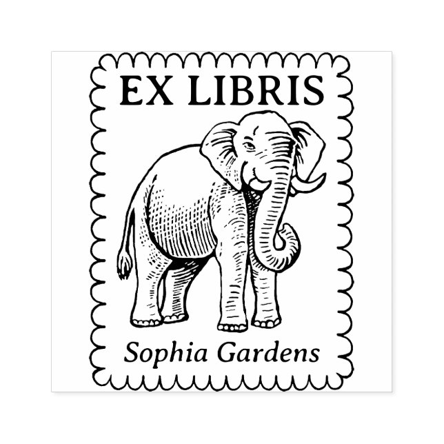 Ex Libris - Indischer Elefant - Scallope Edge Gummistempel (Prägung)