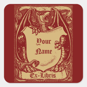 Ex Libris mittelalterlicher Drache mit Schildvorla Quadratischer Aufkleber