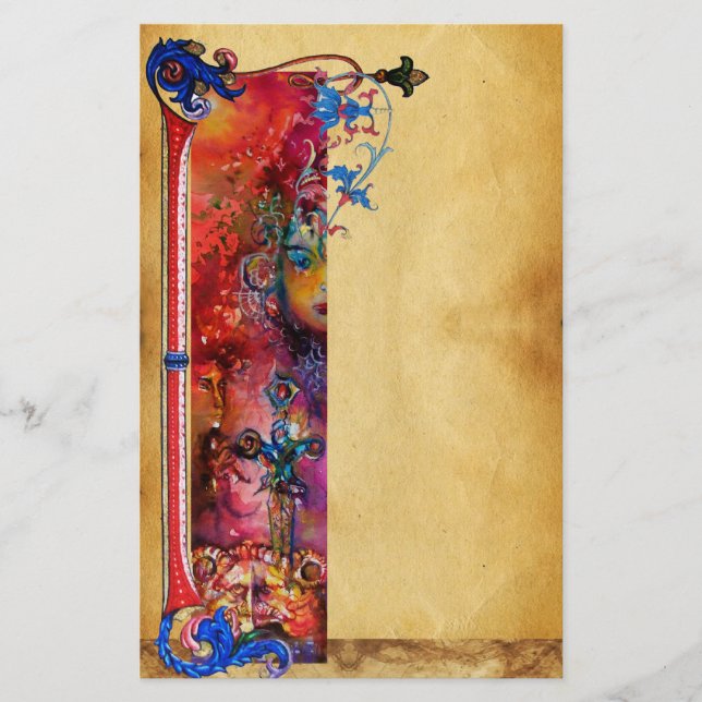 EXCALIBUR .ANTIQUE ROTES BLAUES BLUMENpergament Briefpapier (Vorderseite)