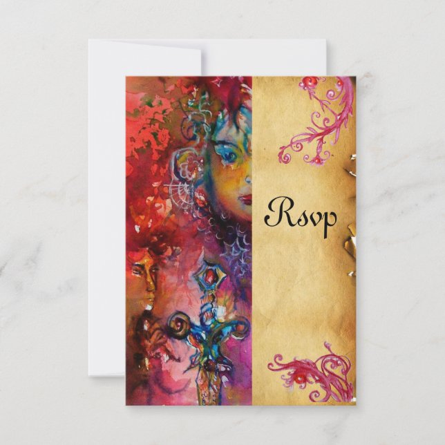 EXCALIBUR, hellrot, blaue Pergament-uAwg RSVP Karte (Vorderseite)