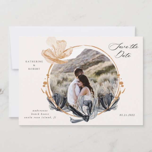 Exclusive Black Gold Floral Save the Date Einladung (Vorderseite)
