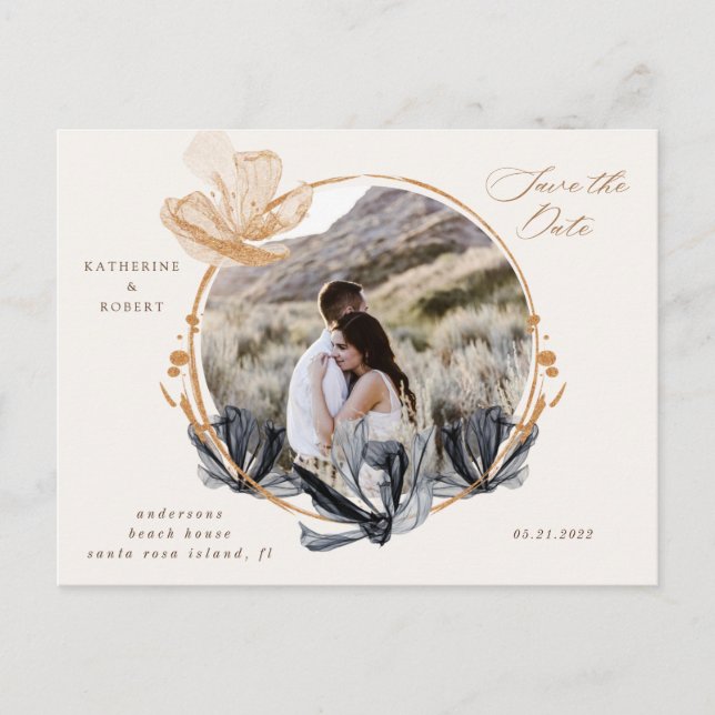 Exclusive Black Gold Floral Save the Date Postkarte (Vorderseite)