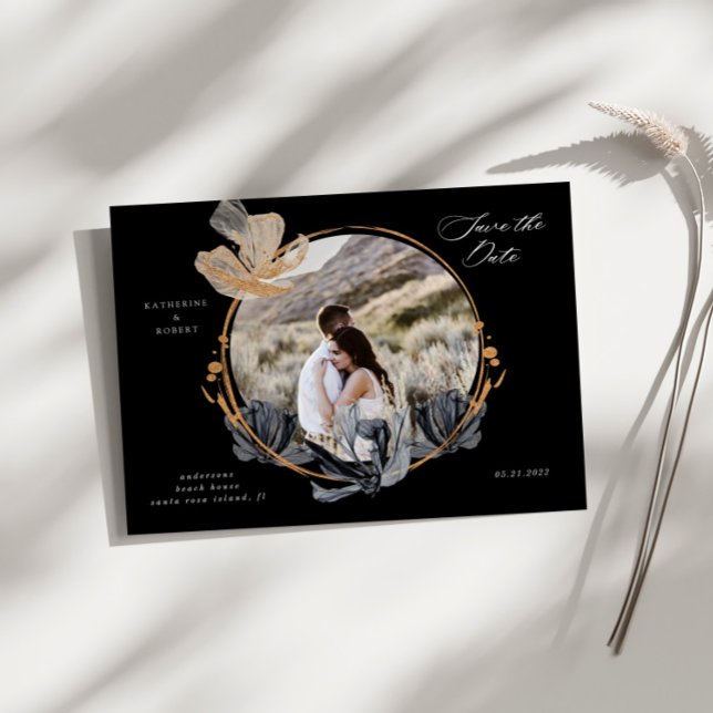 Exclusive Gold Black Floral Save the Date Postkarte (Von Creator hochgeladen)