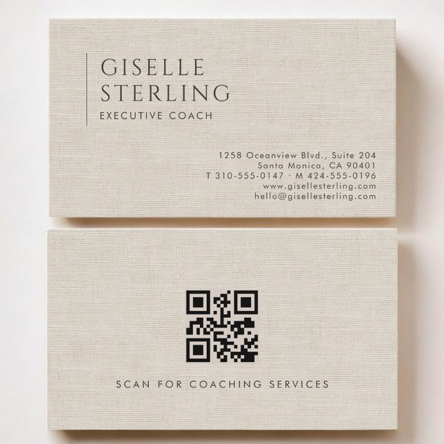 Executive Coach Luxury Neutral Linen QR Code Visitenkarte (Von Creator hochgeladen)