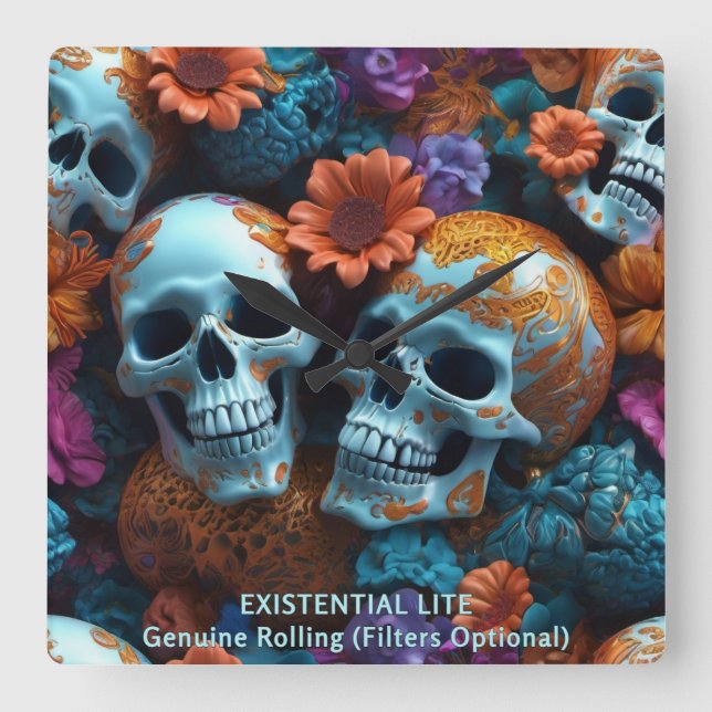 EXISTENTIAL LITE Memento Mori Lovers Skulls Quadratische Wanduhr (Vorderseite)