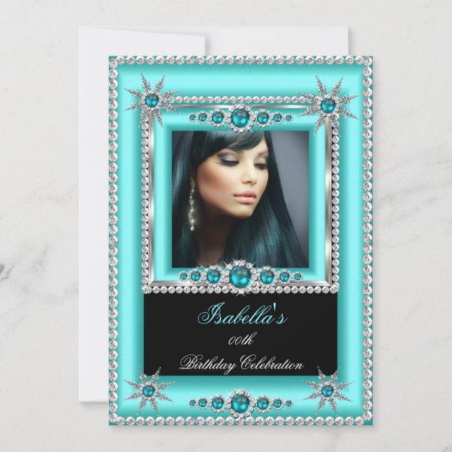 Exotic Aquamarin Blue Aqua Snowflake Foto Geburtst Einladung (Vorderseite)