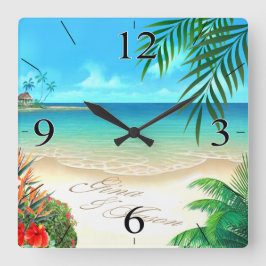Exotic Beach FRAGTE mir, IHRE NAMEN IN SAND ZEICHN Quadratische Wanduhr