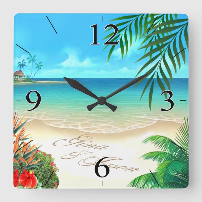 Exotic Beach FRAGTE mir, IHRE NAMEN IN SAND ZEICHN Quadratische Wanduhr (Vorderseite)