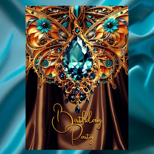 Exotic Birthday Caramel Aquamarin Blue Gold Jewel Einladung (Von Creator hochgeladen)