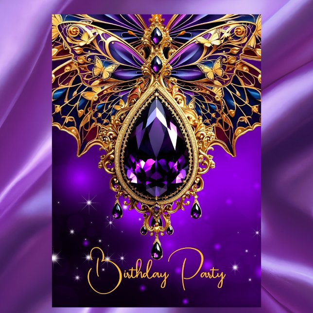 Exotic Birthday Lila Blue Gold Jewel Butterfly Einladung (Von Creator hochgeladen)