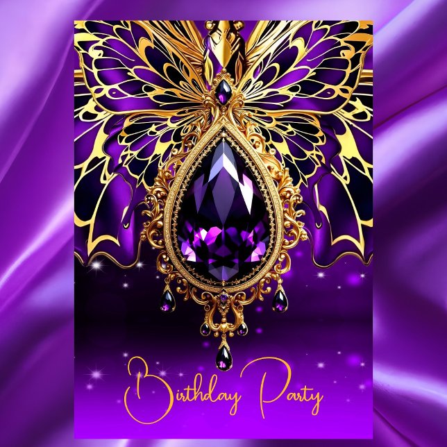 Exotic Birthday Lila Gold Jewel Butterfly Einladung (Von Creator hochgeladen)