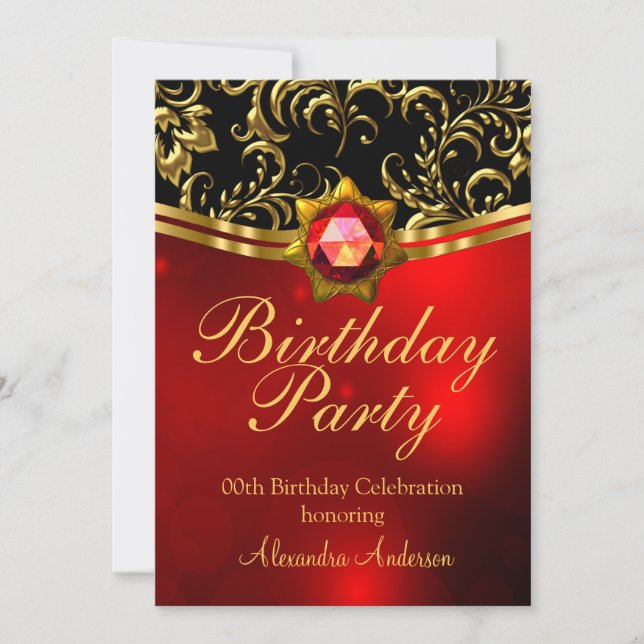 Exotic Birthday Party Red Black Gold Damask Einladung (Vorderseite)