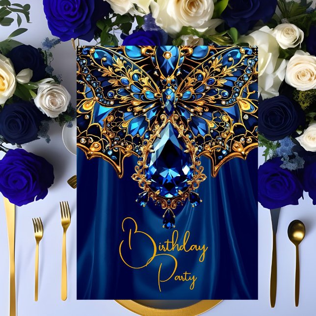 Exotic Birthday Steel Blue Gold Jewel Butterfly Einladung (Von Creator hochgeladen)