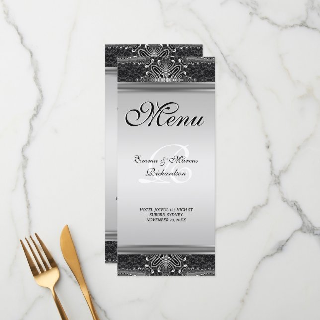 Exotic Black Baroque Wedding Menu Card Menükarte (Vorderseite/Rückseite Beispiel)