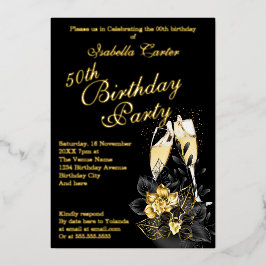 Exotic Black Gold Floral Elegante Geburtstagsparty Folieneinladung