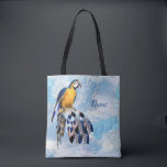 Exotic Blue Dream Catcher Tasche<br><div class="desc">Ein Traumfänger,  der den runden Kreis von Bambus und roten Perlen im Netz mit blauen Papageienvogelfedern auf einem weichen Federhintergrund für eine Brautjungfrau umfasst</div>