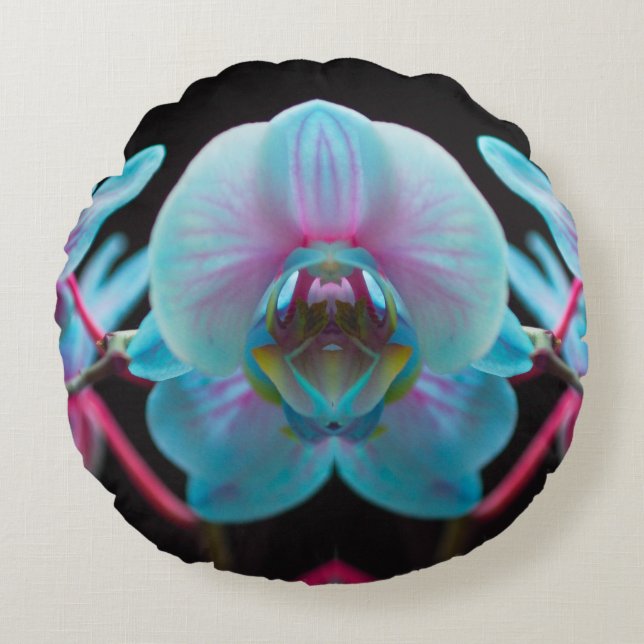 Exotic Blue Orchid Reflection Rundes Kissen (Vorderseite)