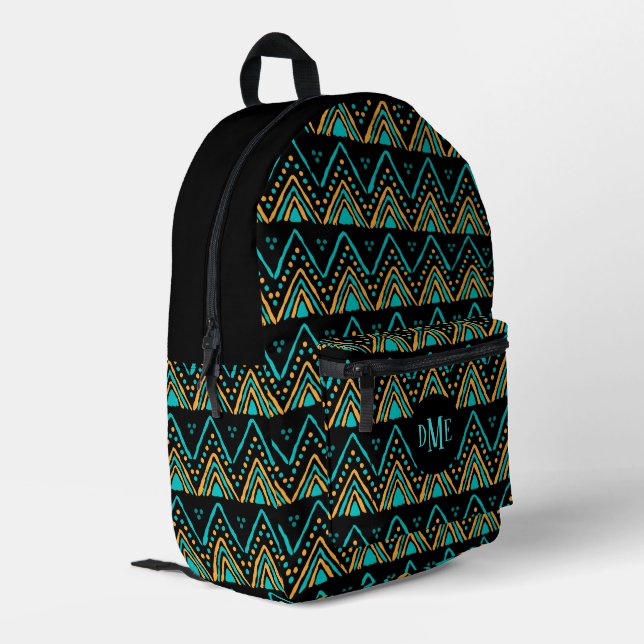 Exotic Boho Tribal Mountain Symbol Monogram Bedruckter Rucksack (Rückseitige Ecke links)