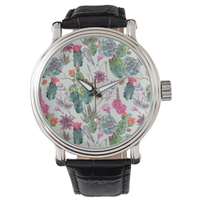 Exotic Boho Wasserfarbenkaktus und sukkulentes Mus Armbanduhr (Vorderseite)
