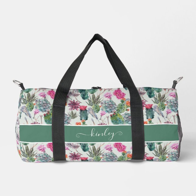 Exotic Boho Wasserfarbenkaktus und sukkulentes Mus Duffle Bag (Vorderseite)