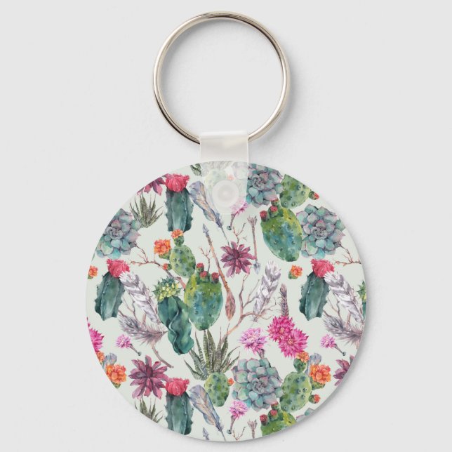 Exotic Boho Wasserfarbenkaktus und sukkulentes Mus Schlüsselanhänger (Vorderseite)