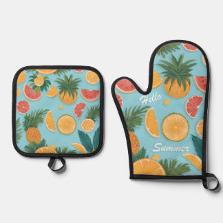 Exotic Fruit Blumenmuster. Hallo Sommer. Ofenhandschuh & Topflappen-Set