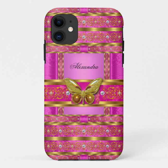 Exotic Gold Hot Pink Butterfly Diamond Case-Mate iPhone Hülle (Rückseite)