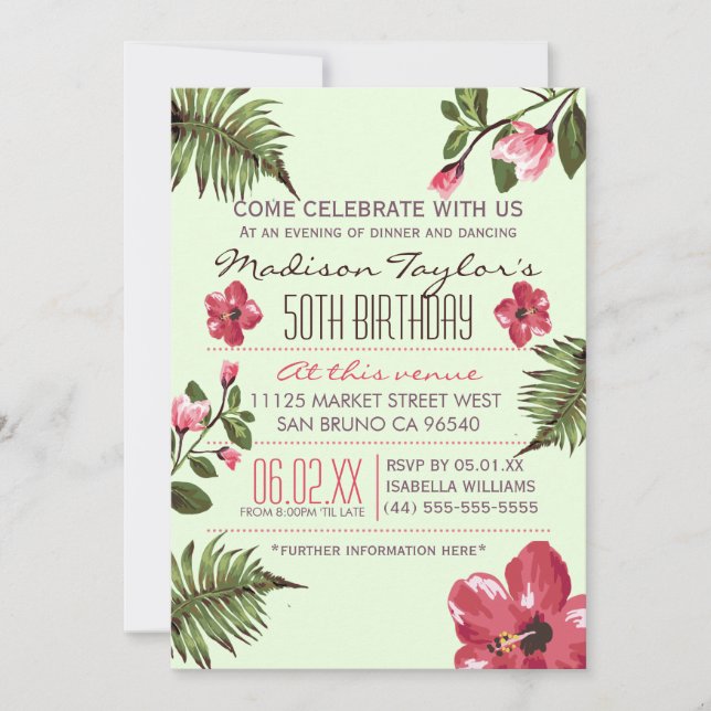Exotic Hibiskus & Tropical Palm Blätter aus dem 50 Einladung (Vorderseite)