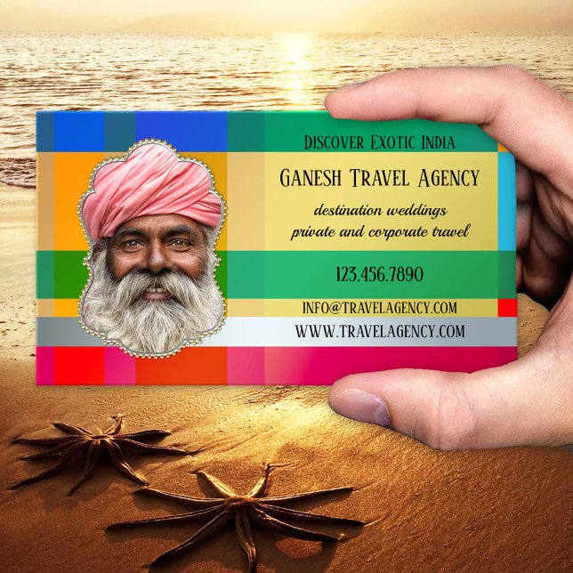 Exotic India Travel Agency Carte de visite photo (Eye-catching business card showing a colorful design with silver and gold details - India - travel)